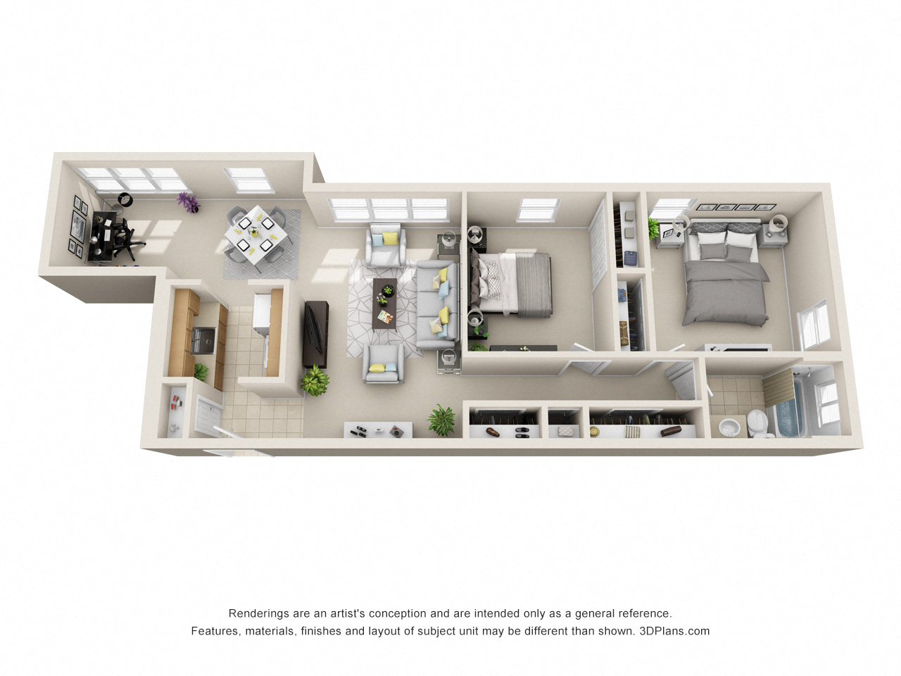 Floor plan for 2 beds, 1 bath, 1001 sqft